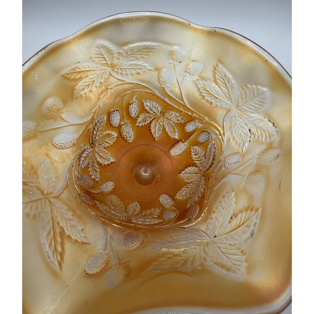 FENTON - Marigold Orange Compote Carnival Glass Crimped Ruffled Edge Footed Bowl